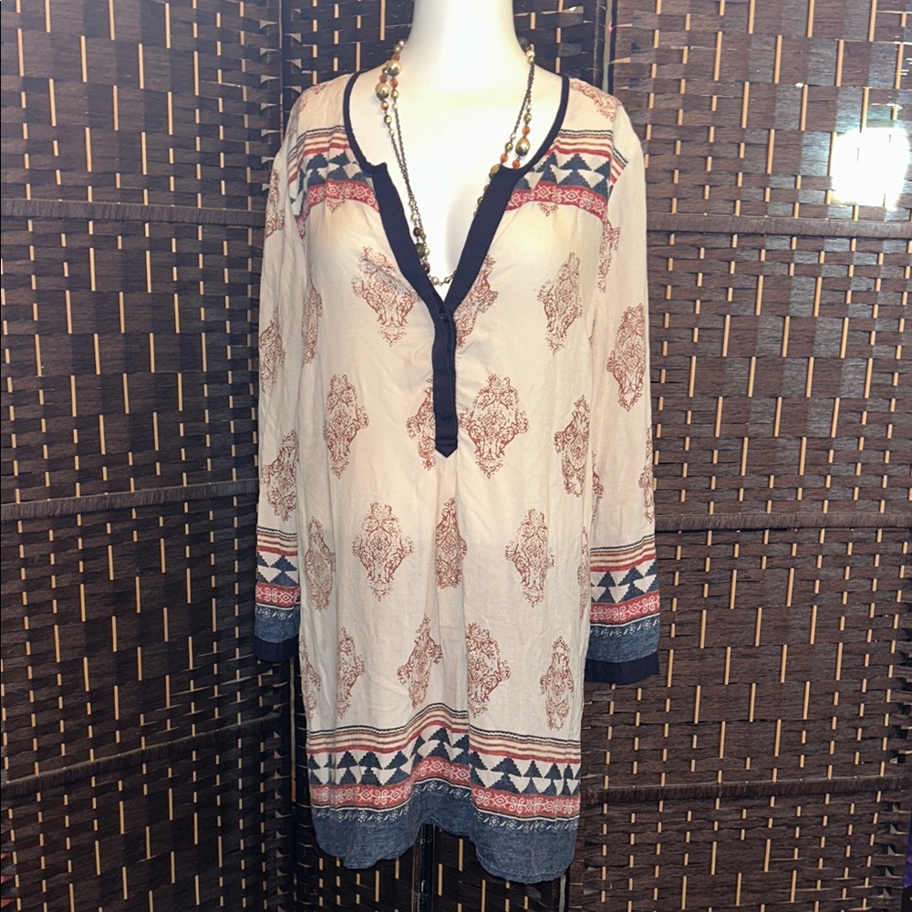 Lucky Brand Bohemian Cream and Navy Women's tunic Top, medium